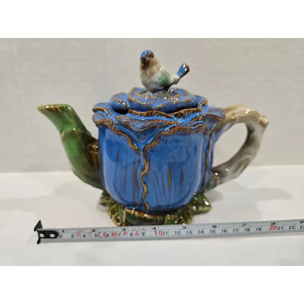 Majolica Style Cabbage Rose Bluebird Finial Ceramic Teapot Floral Decor